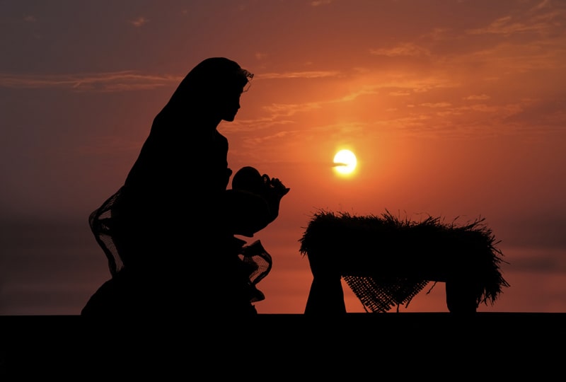 Woman with a child in her hands against the background of the setting sun